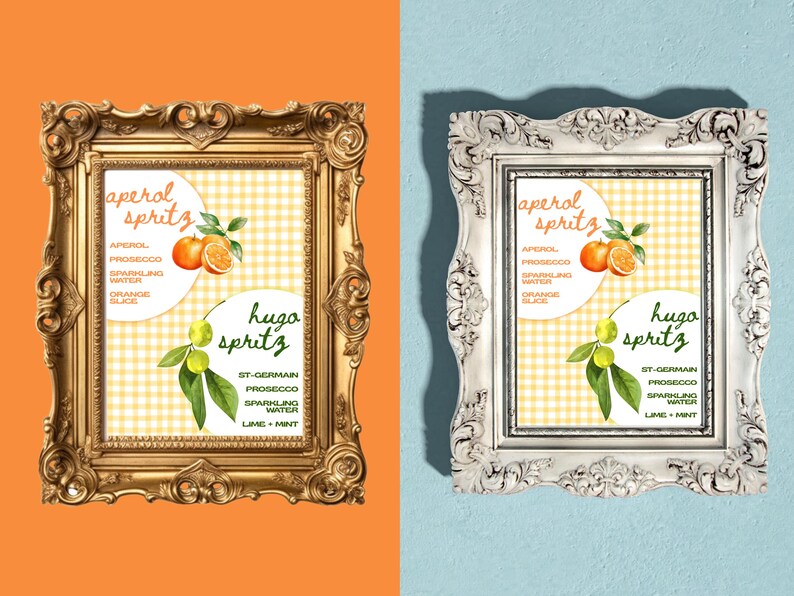 Peut inclure: Deux impressions encadr&eacute;es pr&eacute;sentant des recettes de cocktails. Un cadre est dor&eacute;, l'autre blanc. Chaque impression a un fond vichy jaune avec des illustrations d'oranges et de citrons verts. Le texte comprend "aperol spritz" et "hugo spritz".