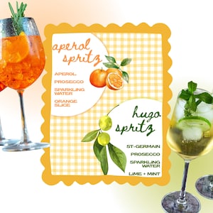 Peut inclure: Image de cocktails Aperol Spritz et Hugo Spritz dans des verres &agrave; pied &eacute;l&eacute;gants. L'Aperol Spritz contient des tranches d'orange, tandis que le Hugo Spritz comprend du citron vert et de la menthe. Une pancarte liste les ingr&eacute;dients.