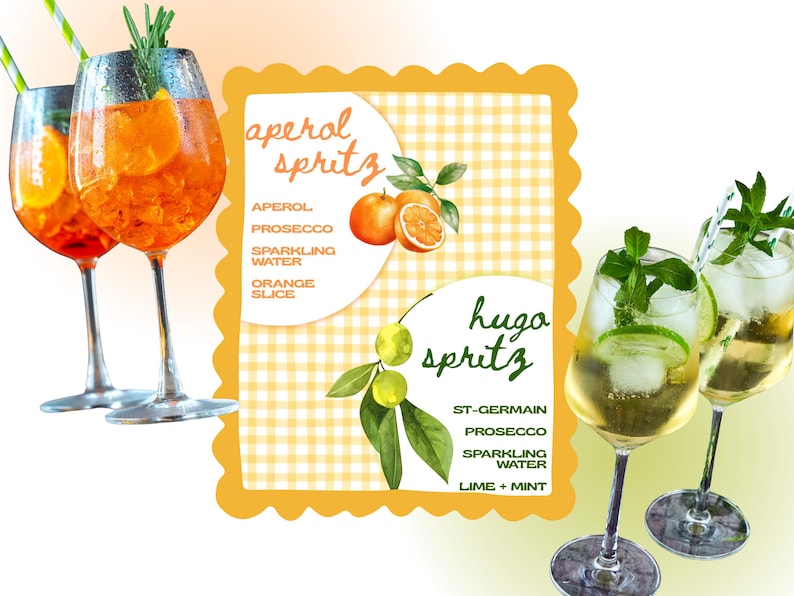 Peut inclure: Image de cocktails Aperol Spritz et Hugo Spritz dans des verres &agrave; pied &eacute;l&eacute;gants. L'Aperol Spritz contient des tranches d'orange, tandis que le Hugo Spritz comprend du citron vert et de la menthe. Une pancarte liste les ingr&eacute;dients.