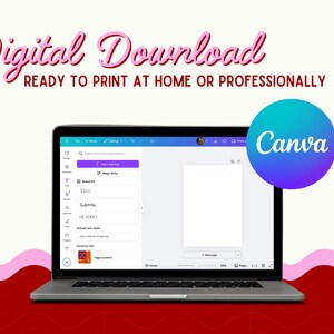 Peut inclure: Un ordinateur portable affichant l'interface Canva, avec le texte "T&eacute;l&eacute;chargement num&eacute;rique" et "Pr&ecirc;t &agrave; imprimer &agrave; la maison ou professionnellement". Un logo Canva bleu sarcelle et violet est &agrave; droite. Le fond est blanc et rouge.
