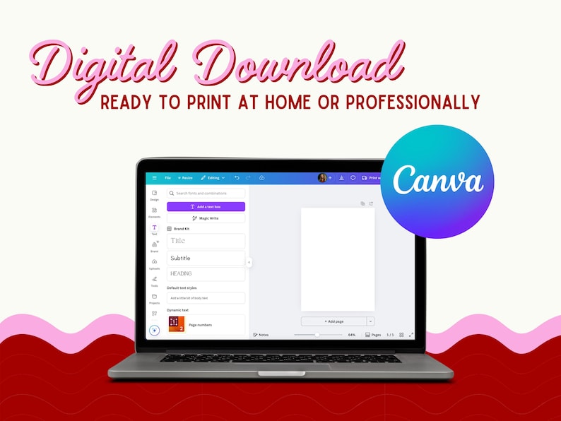 Peut inclure: Un ordinateur portable affichant l'interface Canva, avec le texte "T&eacute;l&eacute;chargement num&eacute;rique" et "Pr&ecirc;t &agrave; imprimer &agrave; la maison ou professionnellement". Un logo Canva bleu sarcelle et violet est &agrave; droite. Le fond est blanc et rouge.