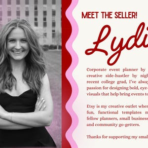 Peut inclure: Une photo en noir et blanc d'une femme souriante en robe noire. Le texte &agrave; droite dit "MEET THE SELLER! Lydia" et la d&eacute;crit comme une organisatrice d'&eacute;v&eacute;nements et une cr&eacute;atrice ind&eacute;pendante.