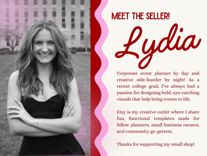 Peut inclure: Une photo en noir et blanc d'une femme souriante en robe noire. Le texte &agrave; droite dit "MEET THE SELLER! Lydia" et la d&eacute;crit comme une organisatrice d'&eacute;v&eacute;nements et une cr&eacute;atrice ind&eacute;pendante.