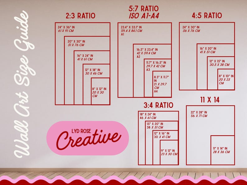 Peut inclure: Un guide des tailles d'art mural avec diff&eacute;rents contours rectangulaires indiquant les dimensions en pouces et en centim&egrave;tres. Le guide comprend des ratios tels que 2:3, 5:7, 4:5, 3:4 et 11 x 14, avec le texte "LYD ROSE Creative" dans un ovale rose.