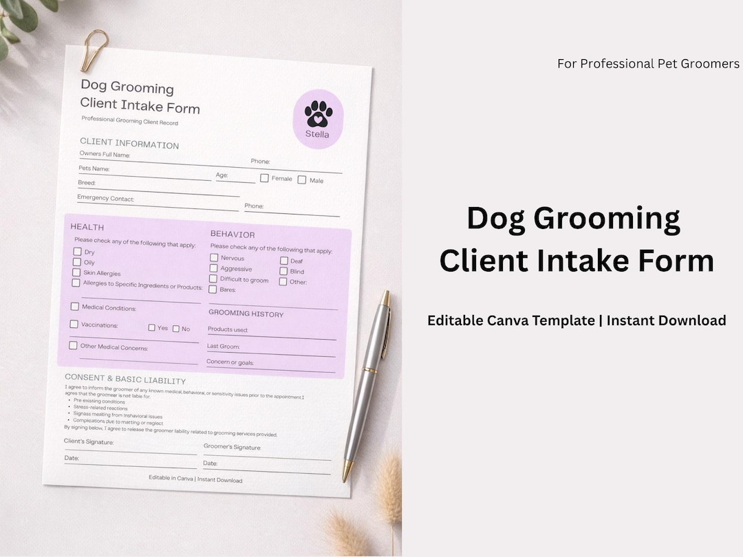 Dog Grooming Client Intake Form | Pet Groomer Business Printable (canva ...