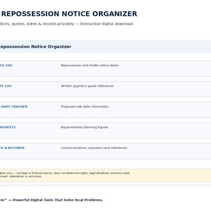 以下が含まれることがあります： Auto Repossession Notice Organizerのデジタルダウンロードテンプレート。Notice Log、Quote Log、Sale-Date Tracker、Worksheets、Notes & Recordsのセクションで構成されています。通知、支払い見積もり、日付を記録するためのテキストフィールドが含まれています。