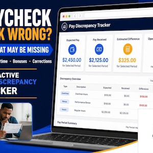 May include: A digital Pay Discrepancy Tracker displayed on a laptop screen, featuring sections for Expected Pay, Pay Received, Estimated Difference, and Open Discrepancies. The interface includes a table for hours, overtime, bonuses, and corrections.