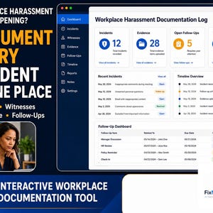 May include: A digital workplace harassment documentation log interface featuring a dashboard with incident, evidence, and follow-up tracking. The text reads: Workplace Harassment Keep Happening? Document Every Incident In One Place. Interactive Workplace Documentation Tool.
