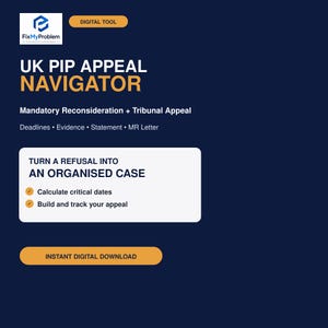 May include: A dark blue digital tool graphic titled UK PIP APPEAL NAVIGATOR for Mandatory Reconsideration and Tribunal Appeal. It features text about deadlines, evidence, and statements, with a button for instant digital download.