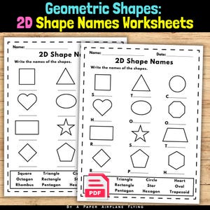 Könnte beinhalten: Zwei weiße Arbeitsblätter mit dem Titel Geometric Shapes: 2D Shape Names Worksheets. Jede Seite zeigt schwarze Strichzeichnungen von Formen wie Quadrat, Dreieck, Kreis, Herz, Oval, Rechteck, Stern, Raute, Fünfeck, Sechseck und Trapez mit Leerzeilen zum Ausfüllen der Namen und einer Wortliste am unteren Rand.