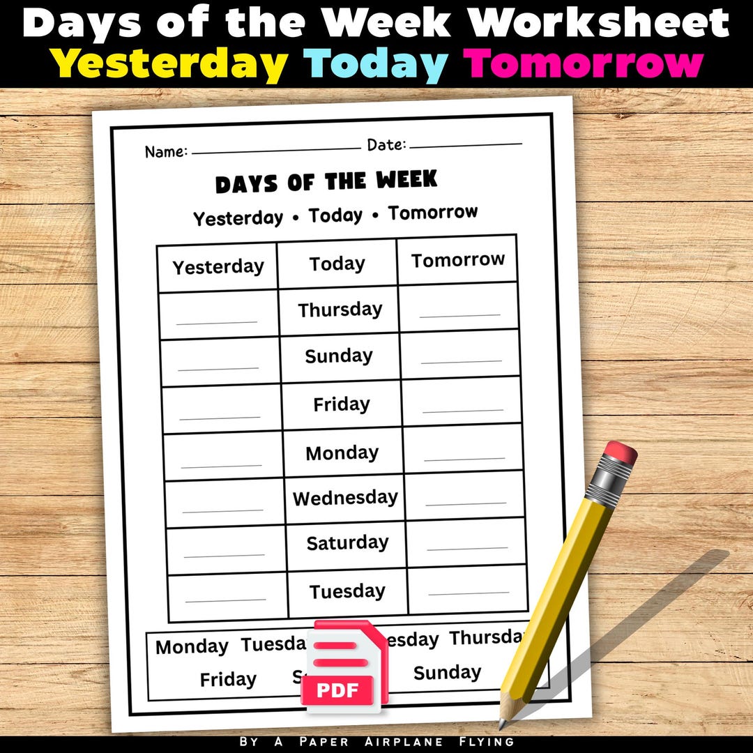 Days of the Week Worksheet | Yesterday Today Tomorrow | Printable PDF ...