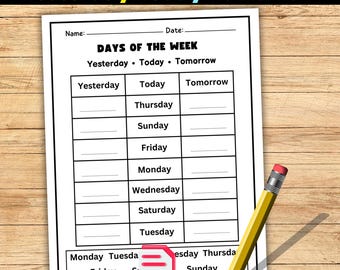 Days of the Week Worksheet | Yesterday Today Tomorrow | Printable PDF