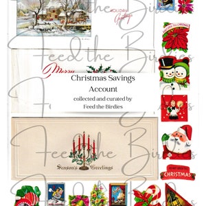 Descarga imprimible digital vintage: cuenta de ahorros navideña vintage, sobres, sellos, pegatinas, clip art de Papá Noel, cortes precisos.