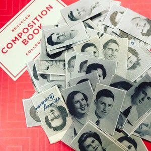 May include: A collection of vintage portrait photographs of people, printed on card stock. The photographs are arranged in a random pattern, with some overlapping. The photographs are in black and white and sepia tones.