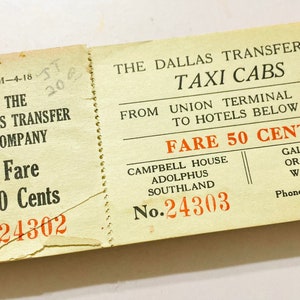 Juego de 3 billetes de taxi vintage de Dallas, Texas, de los años 50, para viajes, vacaciones, efímeras, regalos, Uber, Lyft, diario basura texano.