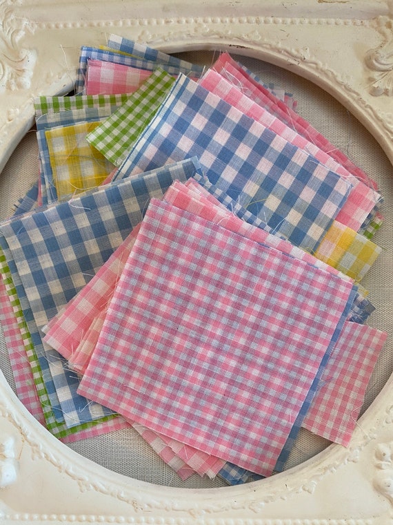 Pastel Pink, Green, Blue, and Yellow Gingham Check Fabric Squares