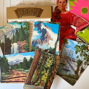 6 enkele vintage speelkaarten sequoia's bergen sneeuw vakantie bos Pacific Northwest kamperen Colorado rommel dagboek reizen reis Efemere