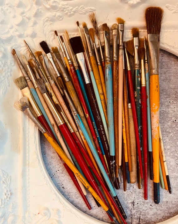 Vintage Paint Brushes Set of Two Vintage Used Random Sizes Mixed Media  Stained 