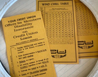 Set of 2 Vintage Credit Union Advertisement for Insurance Weather Wind Chill Factor Cards Ephemera