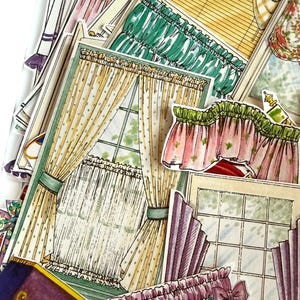 May include: A collection of die-cut stickers featuring watercolor illustrations of various window treatments, including yellow polka dot curtains, pink ruffled valances, purple drapes, and green swags, all displayed in a layered, overlapping arrangement.