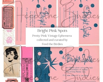 Pretty Bright Pink Spots Girly Vintage Ephemera Digital Download Pack Junk Journal Tickets Order Forms Gloves Photograph Scrapbook Clip Art