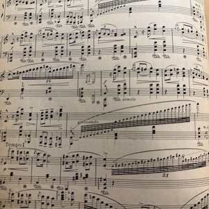 May include: Close-up of a vintage sheet music page with complex musical notation. The paper is aged, with visible lines and musical symbols, including notes, rests, and dynamic markings like 'glissando' and 'Tempo I'. The page is filled with intricate detail.