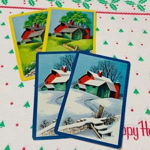 Vintage winter boerderijen speelkaarten 4 stuks kerst december rommel dagboek plakboek cadeaukaartjes kortstondige ruil kunstenaar handelen cadeaupapier