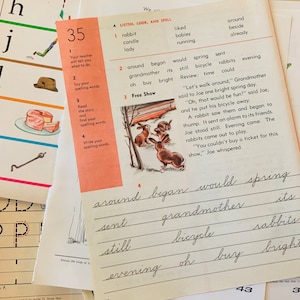 Páginas de cuaderno de ejercicios para niños de la década de 1940 a 1970, material de lectura, escritura, matemáticas, material efímero, regalo, diario basura, regalo para maestros y estudiantes