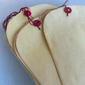 May include: A stack of cream-colored paper tags with rounded corners. Each tag has a small, dark pink eyelet and is strung with red twine. The tags are slightly angled, showing their layered arrangement.