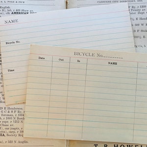4 Schede indice del registro di noleggio di biciclette della città, oggetti di scena per le vacanze, viaggi, ciclismo, vintage, effimeri, diario, album, quaderno, etichetta, punto di inserimento