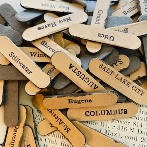 Etichette antiche, vintage, da tavolo, per giochi di carte, per ufficio postale, città, stato, piccole etichette, cartellini per diario di rifiuti, effimeri degli Stati Uniti, città degli Stati Uniti