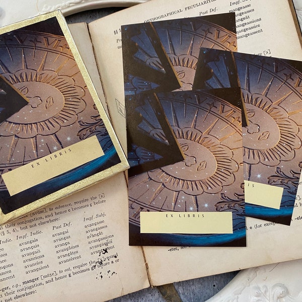 Vintage Sun Dial Solstice Space Planets Shadow Antioch Book Plates Set of 3 pcs Junk Journal Labels Gummed Ephemera Seals Diary Library