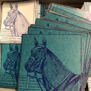 5 Vintage Blue Horse School Supply Coupon Label Prizes Notebook Paper Junk Journal Kentucky Derby
