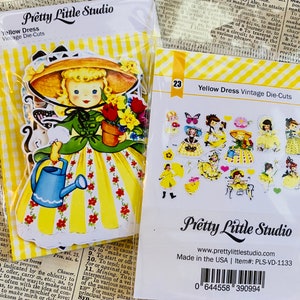 Vintage inspiriertes hübsches kleines Studio Die Cuts Yellow Dress Girl Karten, Junk Journals, Geschenkanhänger und Pakete oder Verzierungen im Scrapbook