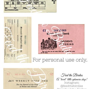 May include: A collection of vintage ephemera, including church offering envelopes and a report envelope. The items feature printed text and are in shades of cream, pink, and beige. The image includes the text "For personal use only."