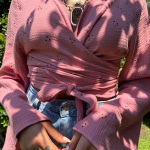 Dusty Rose Muslin Wrap Blouse – Embroidered Cotton Bell Sleeve Top
