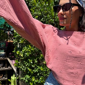 Pink Muslin Crop Blouse – Boho Long Sleeve Summer Top / Handmade Wide Sleeve Eyelet Shirt