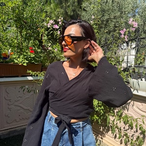 Black Organic Cotton Eyelet Crop Top – Tie Front Wrap Blouse with Bell Sleeves