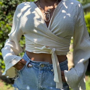 Bone White Organic Cotton Muslin Wrap Top: Handmade Bell Sleeve Blouse