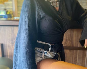 Black Organic Cotton Eyelet Crop Top – Tie Front Wrap Blouse with Bell Sleeves