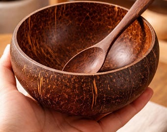 Natural Coconut Bowl Set with Spoon – Eco Friendly Handmade Salad Ramen Smoothie Dish