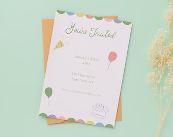 May include: A white invitation card with a colorful border and the text "You're Invited". The invitation includes details for a party on January 1, 2000 at 4 PM, at 100 Main Street, New York, NY. The card features illustrations of balloons and a birthday cake.