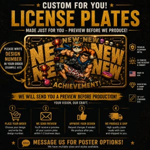 May include: A rectangular custom license plate featuring a central graphic of a muscular character wearing a crown and sunglasses, accompanied by a cat. The background displays the repeated text NEW and ACHIEVEMENT in gold, with icons of trophies, skulls, and a donut.