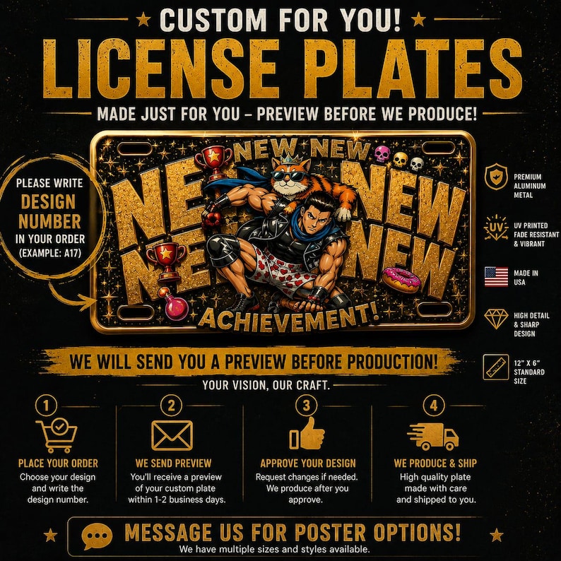 May include: A rectangular custom license plate featuring a central graphic of a muscular character wearing a crown and sunglasses, accompanied by a cat. The background displays the repeated text NEW and ACHIEVEMENT in gold, with icons of trophies, skulls, and a donut.