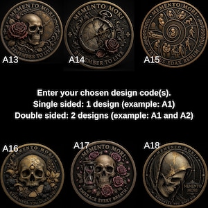 May include: A collection of six circular bronze-toned coins featuring intricate relief designs. Each coin displays unique imagery including skulls, roses, clocks, hourglasses, and life cycles, with text such as Memento Mori and Remember to Live.