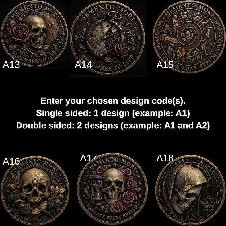 May include: A collection of six circular bronze-toned coins featuring intricate relief designs. Each coin displays unique imagery including skulls, roses, clocks, hourglasses, and life cycles, with text such as Memento Mori and Remember to Live.