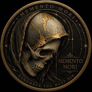 May include: A circular coin featuring a hooded skull with gold-colored cracks across the cranium. The text MEMENTO MORI is inscribed along the top and right side, while REMEMBER YOU MUST DIE is written along the bottom edge in a metallic gold finish.