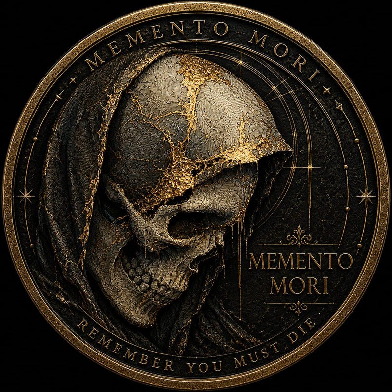 May include: A circular coin featuring a hooded skull with gold-colored cracks across the cranium. The text MEMENTO MORI is inscribed along the top and right side, while REMEMBER YOU MUST DIE is written along the bottom edge in a metallic gold finish.