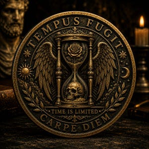 May include: A circular bronze-toned medallion featuring an hourglass with a rose in the top bulb and a skull in the bottom. The design includes wings, a sun, a moon, and the text TEMPUS FUGIT, TIME IS LIMITED, and CARPE DIEM in raised lettering.