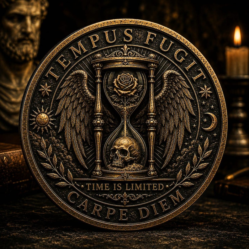 May include: A circular bronze-toned medallion featuring an hourglass with a rose in the top bulb and a skull in the bottom. The design includes wings, a sun, a moon, and the text TEMPUS FUGIT, TIME IS LIMITED, and CARPE DIEM in raised lettering.
